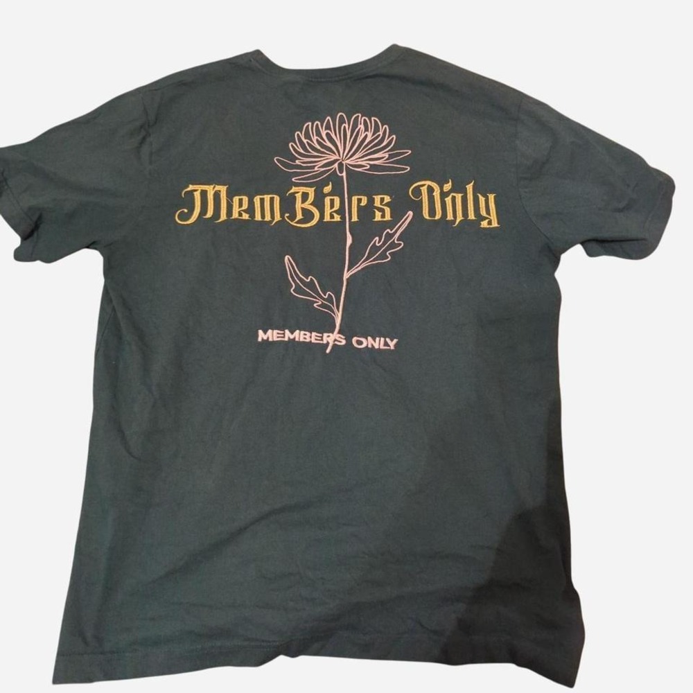 members only green t shirt. flower pattern
